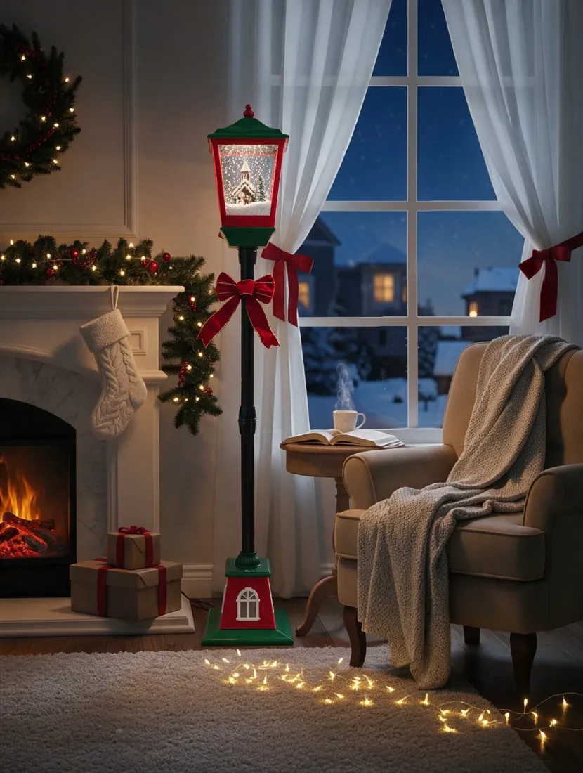 Farol poste navideño rojo y verde encendido en una sala decorada