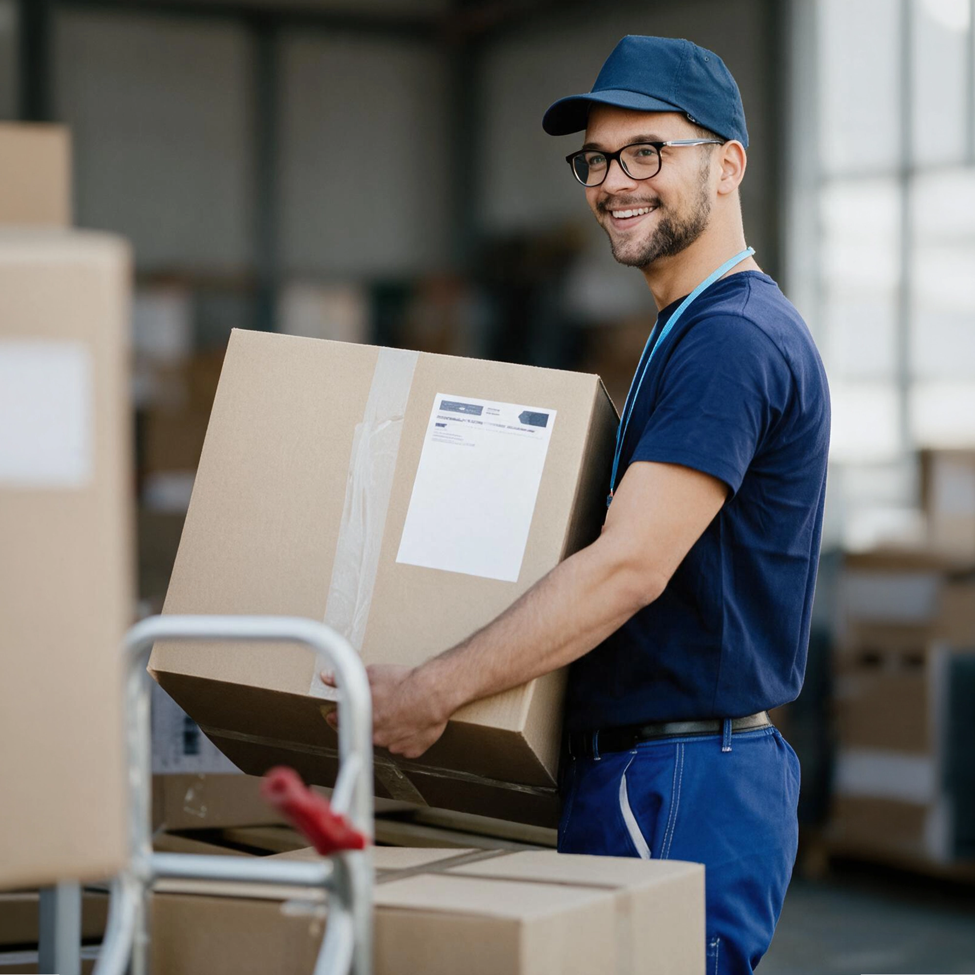 Domiciliario de Comercial Papelera alistando una caja para entregar un pedido