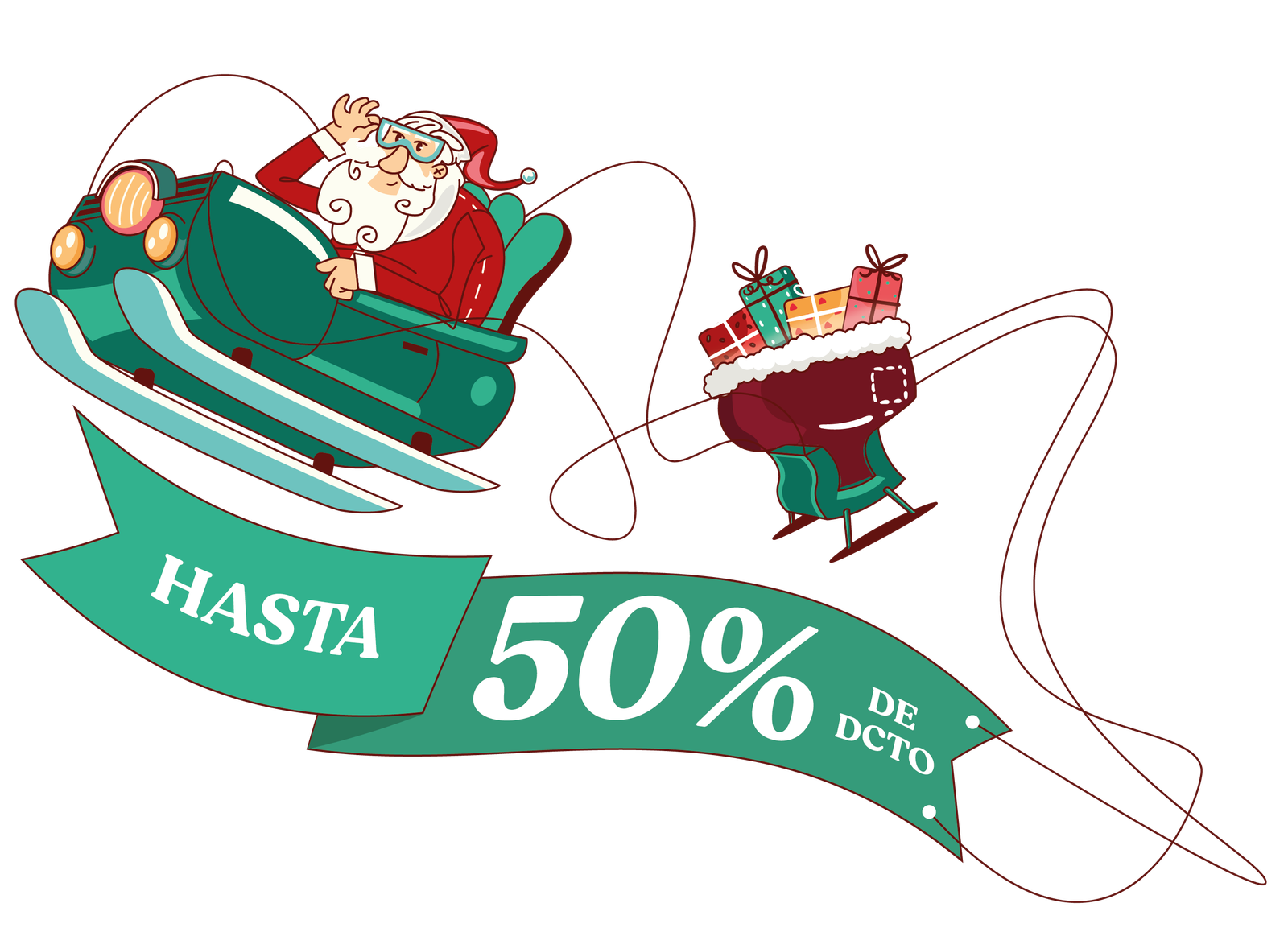 Santa con gafas de aviador en su carro trineo halando el trineo de regalos, con la cinta Hasta 50% de descuento
